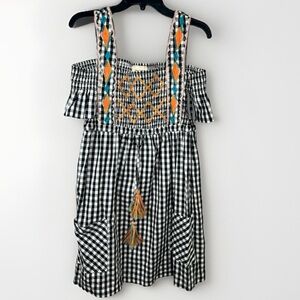 Sand & Spirit Black White Checkered Off-Shoulder Sun Dress Size L Embroidered
